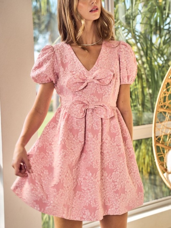 Dresses & Skirts - Jacquard Puff Sleeve Mini Dress Double Bow Detail